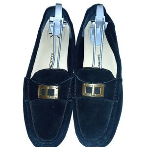 Isaac Mizrahi Live! Sz 8 Black Suede Moccasins w Gold Toned Buckle Driving Shoes